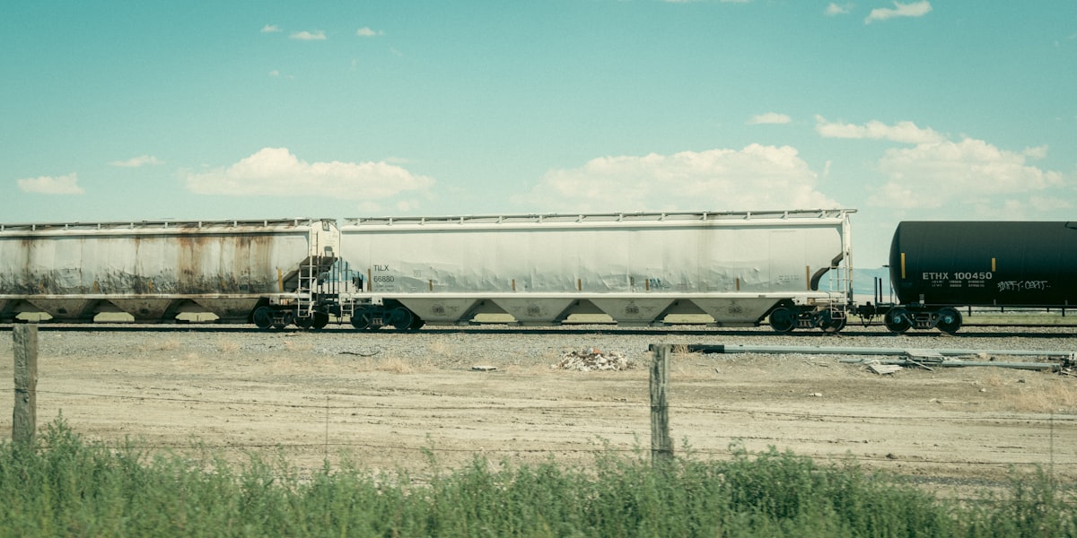 A train with hopper and tank cars on tracks.